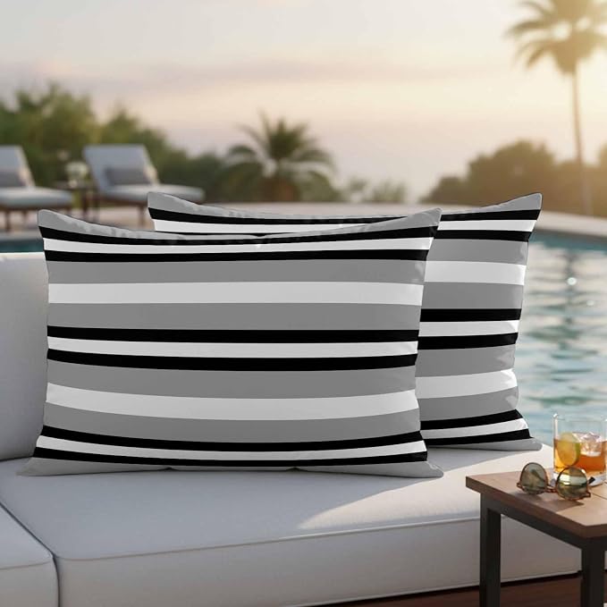 Black Gray Striped Outdoor Pillow Covers 20x12 Inch Lumbar Pillow Covers Set of 2 Waterproof Decorative Throw Pillow Cases Contemporary Minimalist Lines Art Cushion Covers for Patio Furniture Garden