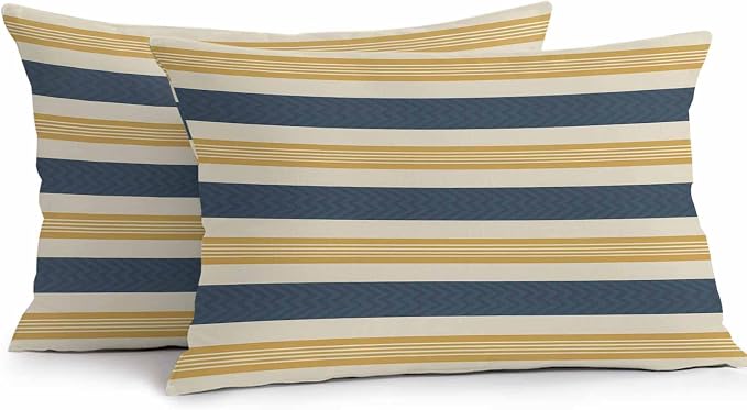 Vandarllin Outdoor Throw Pillows Covers 20x12 inch Set of 2 Waterproof Navy Blue Stripes Lines Decorative Zippered Cushion Covers for Patio Furniture, Yellow Classic Striped Lumbar Pillowcases