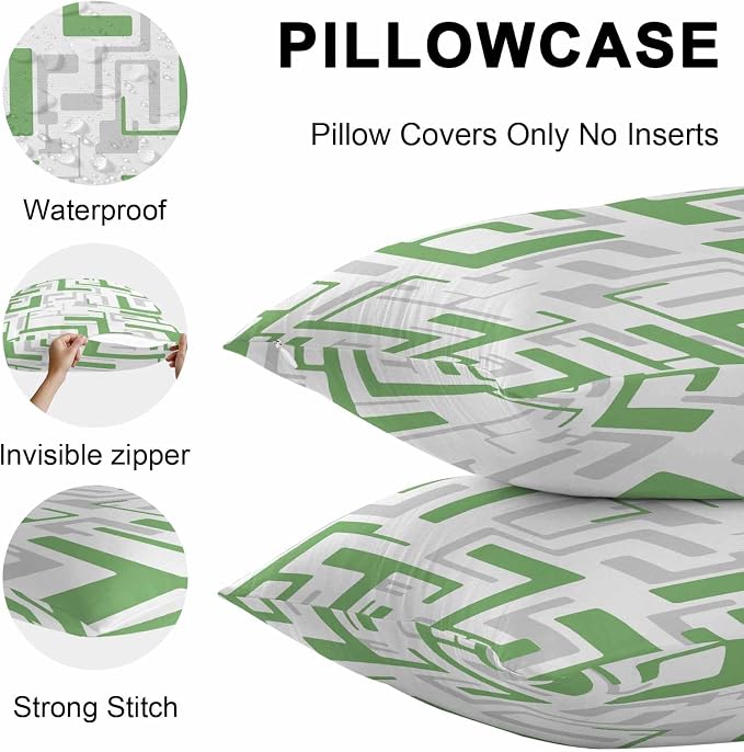 Vandarllin Outdoor Throw Pillows Covers 18x18 inch Set of 2 Waterproof Green Geometric Stripes Decorative Zippered Cushion Covers for Patio Furniture, Modern Abstract Lines Lumbar Pillowcases