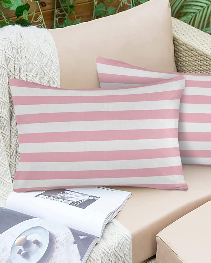 Lumbar Throw Pillow Covers 12x20 Outdoor Waterproof Pillow Covers for Patio Furniture Pink and White Stripes Throw Pillow Cover Solid Striped Pillowcases Set of 2 Cushion Case for Sofa Couch Chair