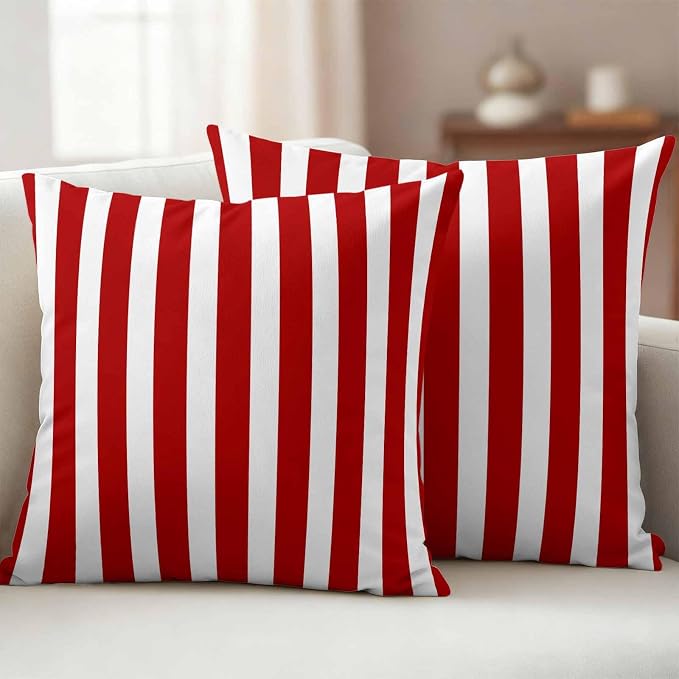 Red Striped Outdoor Waterproof Throw Pillow Covers 16x16 Set of 2, Christmas Farmhouse Red White Stripes Decorative Pillowcases Cushion Pillowcase for Couch Sofa Patio Outside Pillow Protector