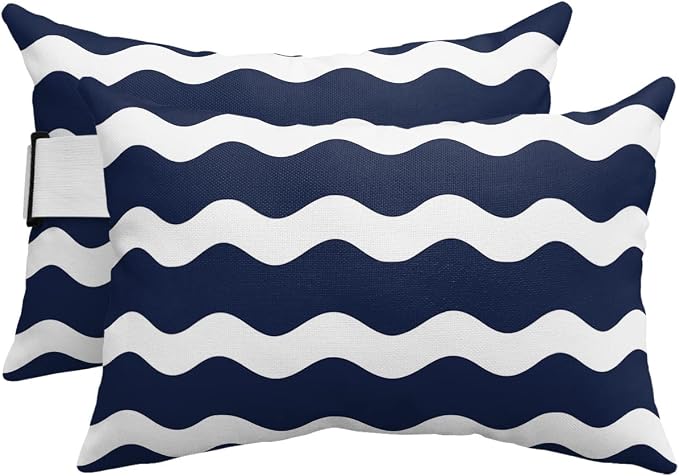 Prime Leader Recliner Head Pillow Lounge Chair Pillows with Insert Navy Blue Wavy Stripes Lumbar Pillow with Adjustable Strap Outdoor Waterproof Patio Pillows for Couch Beach Pool Office Chair, 2 PCS