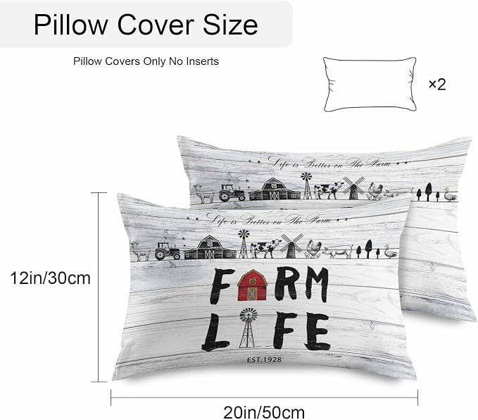 Outdoor Throw Pillows Covers 20x12 inch Set of 2 Waterproof Farm Life Decorative Zippered Cushion Covers for Patio Furniture, Farmhouse Barn Windmill Cow Chicken Tractor Wood Lumbar Pillowcases