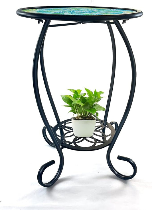LIFFY Mosaic Outdoor Side Table, 14" Round Flower Patio Side Table with Storage Shelf, Small Bistro Coffee Table for Garden Yard Porch Living Room