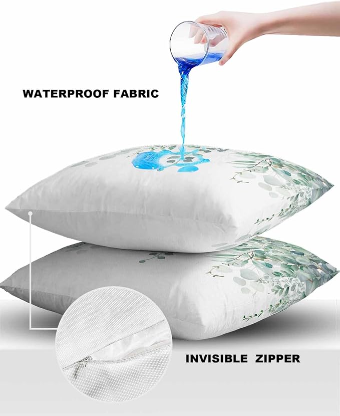 Eucalyptus Leaves Outdoor Pillow Covers Pack of 2, Watercolor Green Plants Waterproof Pillow Covers Seasonal Spring Summer Throw Pillowcase for Patio Funiture Garden Tent, 16 x 16 inch