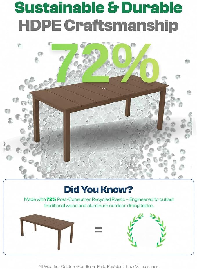 75.2" HDPE Outdoor Dining Table for 4-6 People, Rectangular Patio Dining Table with Umbrella Hole, All Weather Patio Dining Outdoor Table for Deck, Backyard and Garden, Brown