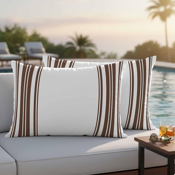 Outdoor Waterproof Throw Pillow Covers Set of 2 Brown Stripes Lumbar Pillowcases 20x12 Inches White Vertical Striped Decorative Pillows Cushion Case Patio Pillows for Couch Bed Chair Garden