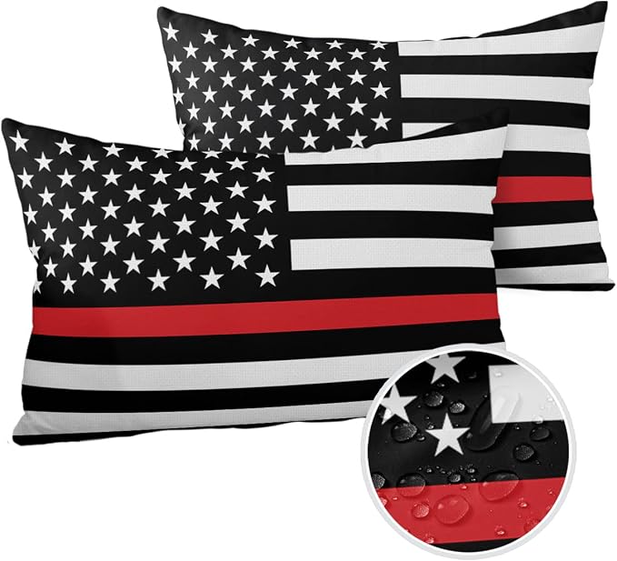 Outdoor Waterproof Pillow Covers Set of 2, Thin Red Line Flags American Firefighter Red Stripes Flag Patio Throw Pillow Covers, Decorative Cushion Case for Couch Sofa Furniture Garden, 20x12 Inch