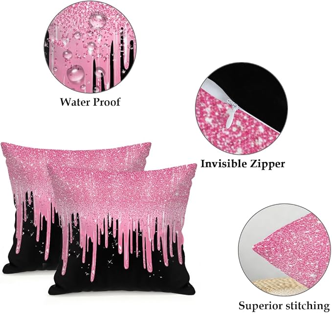 18x18 Inch Outdoor Pillow Covers Set of 2 Waterproof Throw Pillow Covers Decorative Couch Cushion Covers Pink Glitter Flow Square Pillowcases Protectors for Patio Garden Sofa
