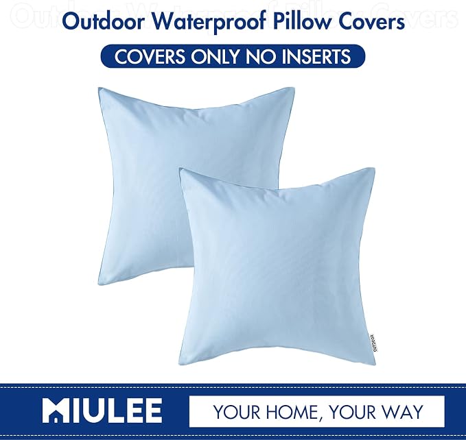 MIULEE Decorative Outdoor Waterproof Pillow Covers 18x18 Light Blue | Decorative Patio Furniture,Pack of 2,Accent Square Soild Throw Pillow Covers,Summer Garden Tent Couch Sofa
