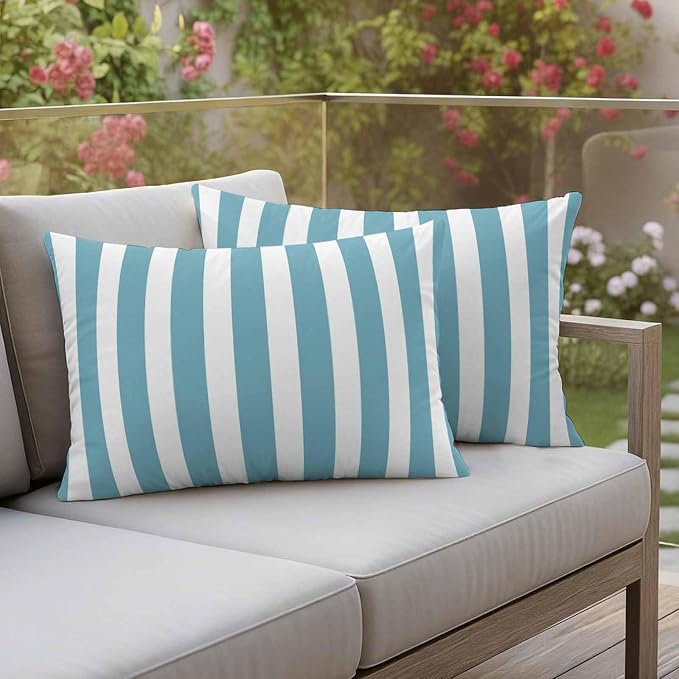 Aqua Striped Outdoor Waterproof Throw Pillow Covers 20x12 Set of 2, Modern Farmhouse Blue White Stripes Decorative Pillowcases Cushion Pillowcase for Couch Sofa Patio Outside Pillow Protector