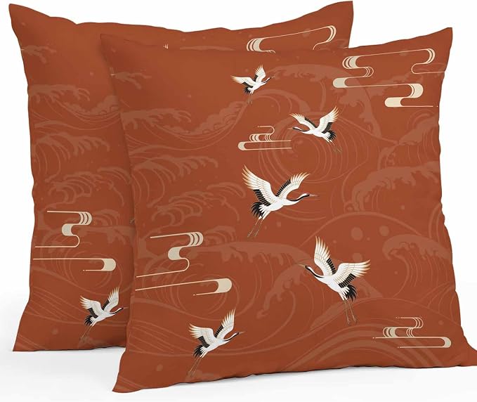 Japanese Style Outdoor Pillow Covers 20x20 Inch Throw Pillow Covers Set of 2 Waterproof Decorative Pillow Cases Vintage Art Cranes Ocean Wave Red Cushion Covers for Patio Furniture Garden Couch Sofa