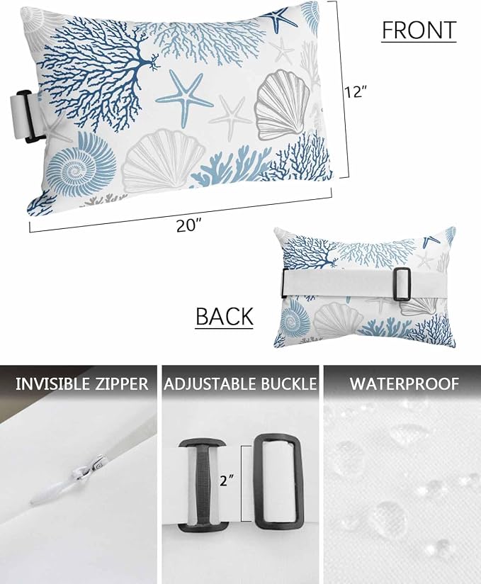 Chaise Lounge Head Pillows,Ocean Shell Starfish Coral Outdoor Waterproof Patio Throw Pillows Watercolor Marine Life Theme Lumbar Pillow for Patio Beach Pool