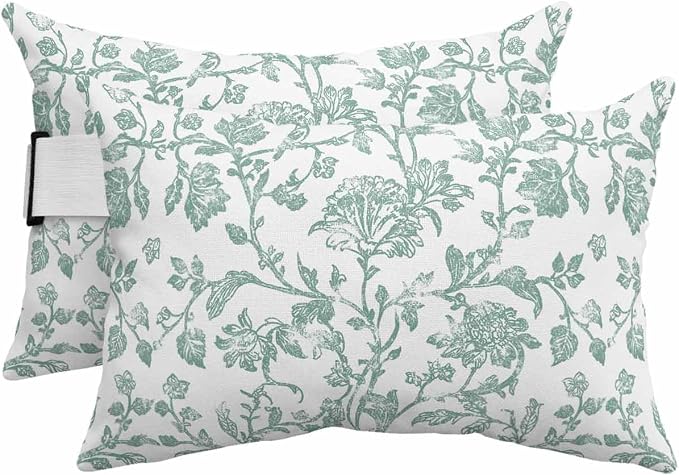 Pack of 2 Outdoor Lumbar Pillow Covers 12x20 Inch, Spring Flower Waterproof Throw Pillow Covers Set, Vintage Farmhouse Turquoise Boho Leaf Indoor&Outdoor Decorative Cushion Cases for Patio Porch Beach
