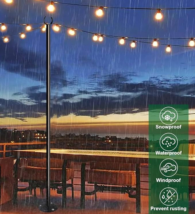 10ft String Light Pole for Deck Fence, Light Pole for Outdoor String Light, Perfect for Garden, Backyard, and Patio Lighting Stand for Parties, Wedding - Matte Black Finish - 1 Pack