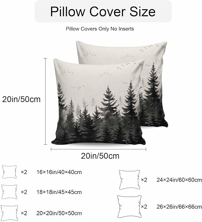 Vandarllin Outdoor Throw Pillows Covers 26x26 inch Set of 2 Waterproof Black Forest Decorative Zippered Cushion Covers for Patio Furniture, Tree Bird Nature Landscape Linen Lumbar Pillowcases