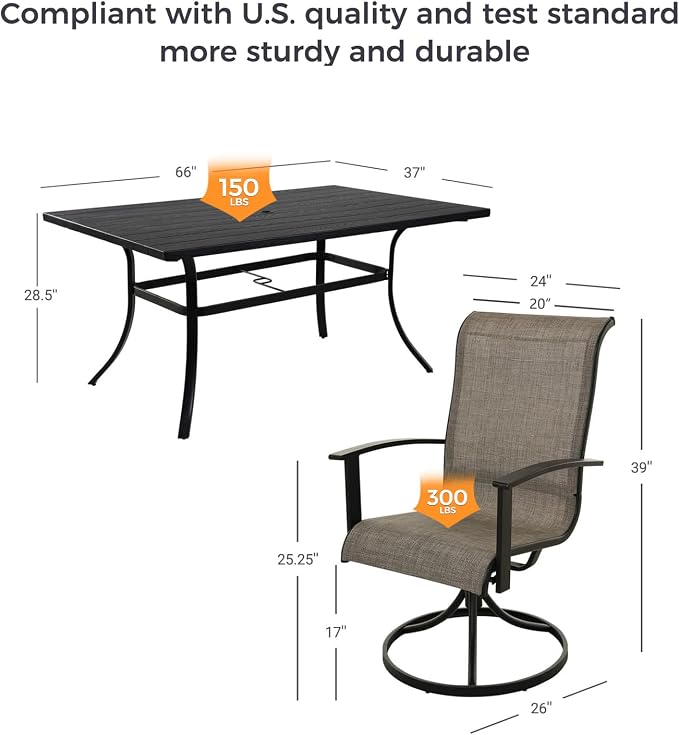 Grand patio 7-Piece Patio Dining Set for 6, Outdoor Dining Set with Swiviel Patio Chairs & 1 Rectangular Woodgrain Dining Table with Umbrella Hole, Mixed Coffee