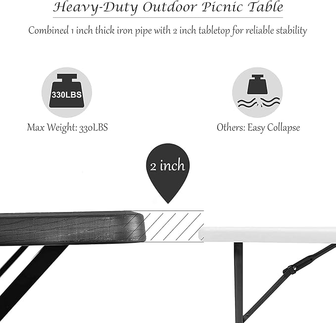 Hysache Picnic Table Bench Set, Patio All Weather Metal Base Camping Set w/Wood Texture Tabletop, Steel Frame, Large Tables for Backyard Poolside Garden Lawn (Black) (OP3499)