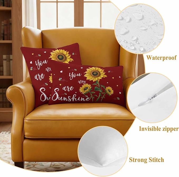 You Are My Sunshine Outdoor Pillow Covers Set of 2 Vintage Country Yellow Sunflower Floral Bees Heart Red Waterproof Throw Pillow Cover Decorative Cushion Cases for Patio Porch Garden 24X24 Inch