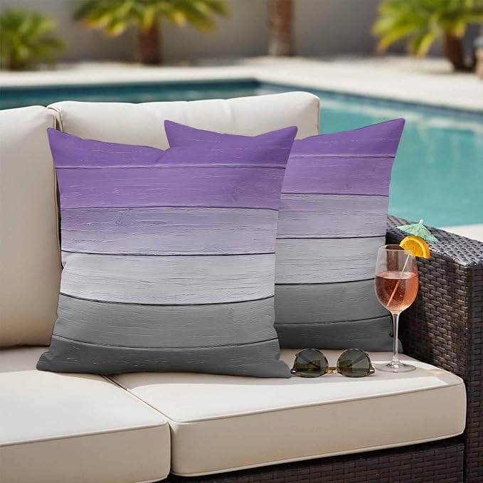 Purple Gray Outdoor Pillow Covers 20x20 Inch Throw Pillow Covers Set of 2 Waterproof Decorative Pillow Cases Vintage Rustic Abstract Striped Wooden Grain Cushion Covers for Patio Furniture Garden