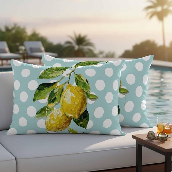 Waterproof Pillow Covers Set of 2,Summer Lemon Leaf Country Fruit Outdoor Pillow Protectors with Zipper Pillowcases for Patio Tent Garden Beach 20x12 Inches Polka Dot Light Blue