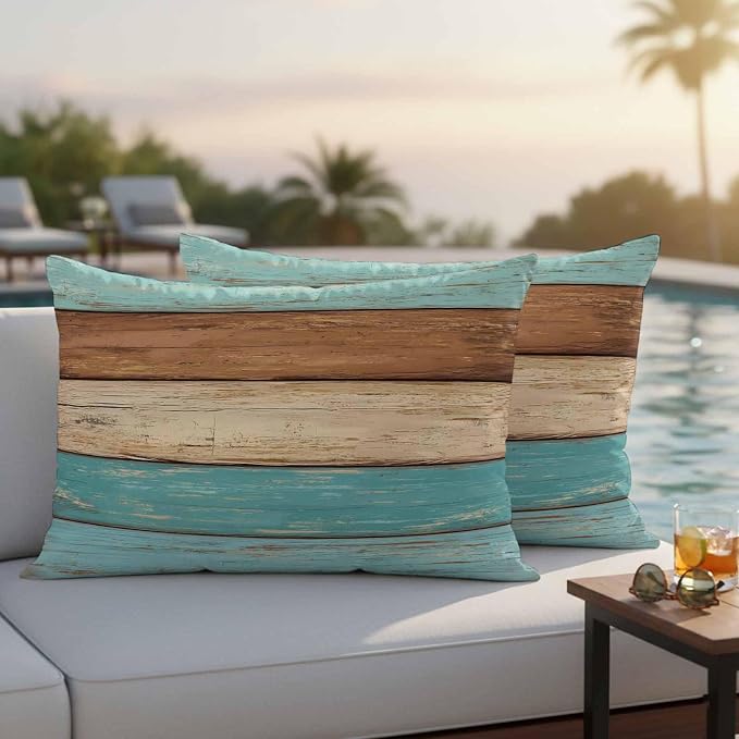 Farmhouse Aqua Brown Outdoor Waterproof Pillow Covers, Vintage Wooden Striped Decorative Rectangle Throw Pillowcase Sofa Cushion Sham for Patio/Couch/Chair, 20"x12" 2 Pack