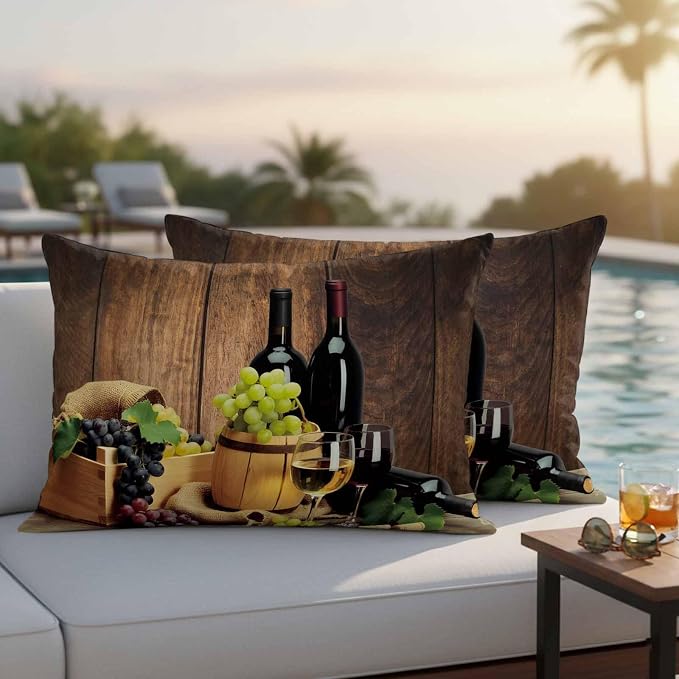 Lumbar Pillow Covers 12 x 20 Inches, Red Wines Waterproof Throw Pillow Cover Set of 2, Champagne Grapes Galsses Country Wooden Plank Decorative Rectangle Cushion Covers for Patio/Couch/Garden