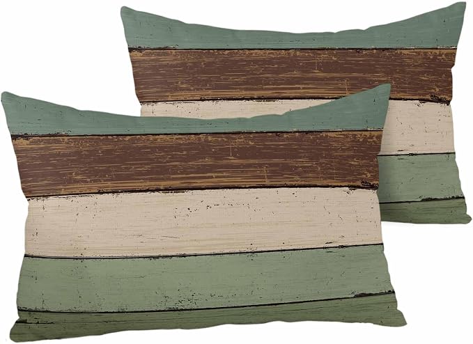 Vandarllin Outdoor Throw Pillow Covers 12X20 Set of 2 Waterproof Sage Green Brown Decorative Zippered Cushion Covers for Patio Furniture, Farmhouse Retro Rustic Barn Wood Texture Lumbar Pillowcases