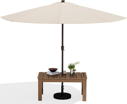SERWALL Outdoor Coffee Table with 9FT Umbrella, HDPE Patio Coffee Table for Outside, Rectangle, Brown(Not Include Umbrella Base)