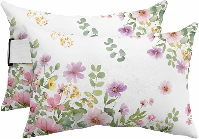 Pink Spring Floral Outdoor Pillows with Insert 12x20 Inch Watercolor Botanical Wildflowers Waterproof Headrest Pillows with Adjustable Strap Lounger Chair Throw for Patio Furnitures, 2 Pack