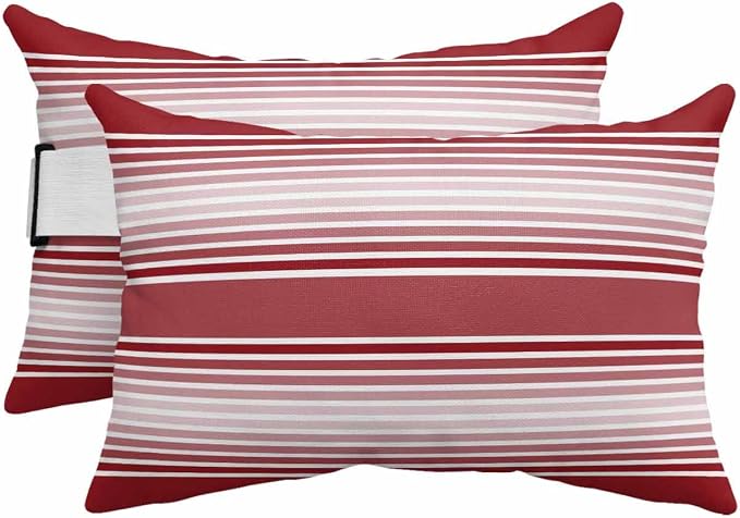 Pack of 4 Outdoor Lumbar Pillow Covers 12x20 Inch, Red Striped Waterproof Throw Pillow Covers Set, Red Ombre Farmhouse Stripes Indoor&Outdoor Decorative Cushion Cases for Patio Porch Car