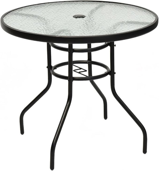 Tangkula 32" Round Outdoor Table with Tempered Glass Top, Patio Dining Table with Umbrella Hole & Metal Frame, Outside Bistro Table for Backyard, Lawn, Deck & Poolside