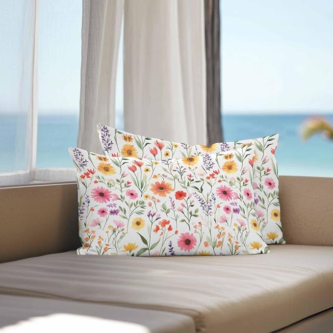 Spring Outdoor Pillow Covers Set of 2,Decorative Watercolor Flower Leaves Waterproof Throw Pillow Case, Garden Floral Art Linen Soft Cozy Cushion Pillowcases