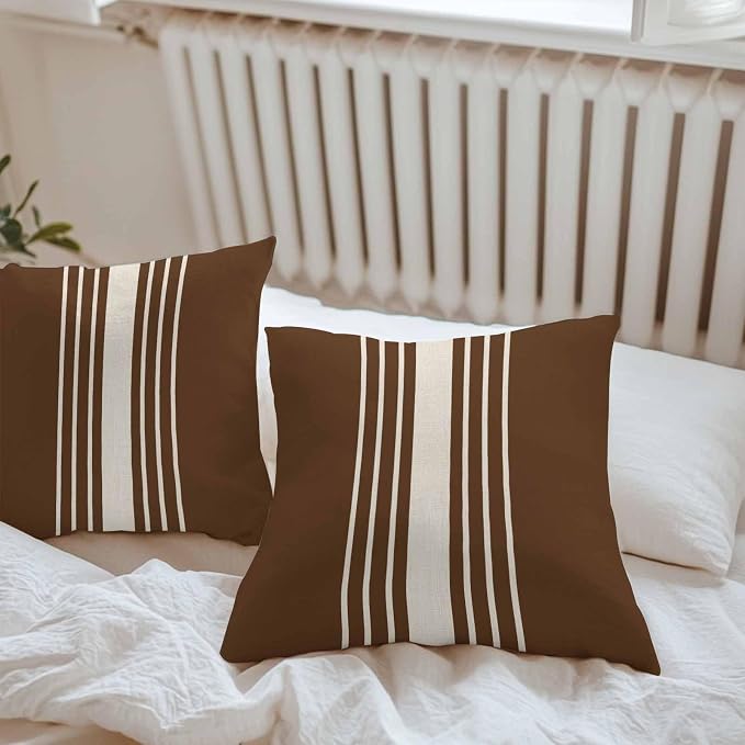 Throw Pillow Covers 26x26 Inch Set of 2, Brown Beige Striped Waterproof Outdoor Cushion Covers, Modern Farmhouse Retro Lines Decorative Pillowcases for Couch, Sofa, Bed, Garden, Patio