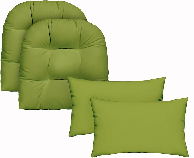 RSH DECOR: Tufted U-Shapes & Lumbars 2 of Each | 19” x 19” & 20" x 12" | Water-Resistant Spun Fabric | Outdoor Wicker Cushions & Support Pillows for Patio Furniture | Kiwi Green