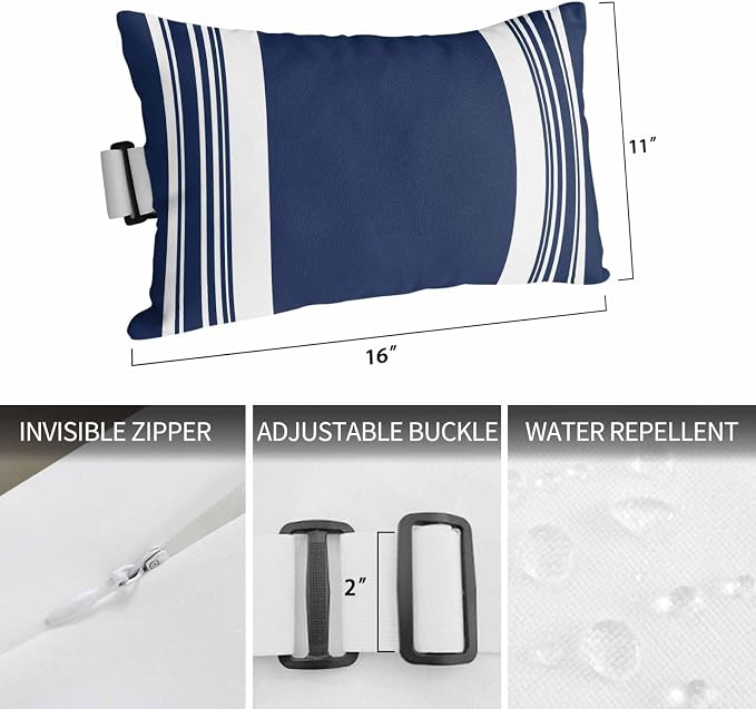 Outdoor Lumbar Pillow Set of 1, Farmhouse Navy Blue Waterproof Beach Headrest Pillow with Inserts, Aesthetic Modern Line Striped Recliner Throw Pillows for Patio Furniture, 12 x 20