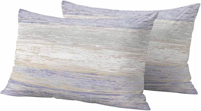 Outdoor Waterproof Throw Pillow Covers, Vintage Purple Grey Decorative Pillow Cases, Farmhouse Barn Wooden Striped Couch Pillow Protector Patio Sofa Cushion Covers Replacement 20"x12" 2 Pack
