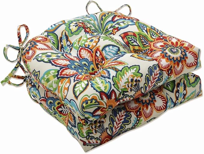 Pillow Perfect Bright Floral Indoor/Outdoor Tufted Wicker Seat Cushion With Ties, 2 Count, 15.5" x 16", Blue/Green Copeland