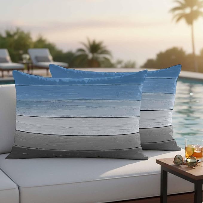 Blue Gray Outdoor Pillow Covers 20x12 Inch Lumbar Pillow Covers Set of 2 Waterproof Decorative Throw Pillow Cases Vintage Farmhouse Gradient Wooden Grain Art Cushion Covers for Patio Furniture Garden