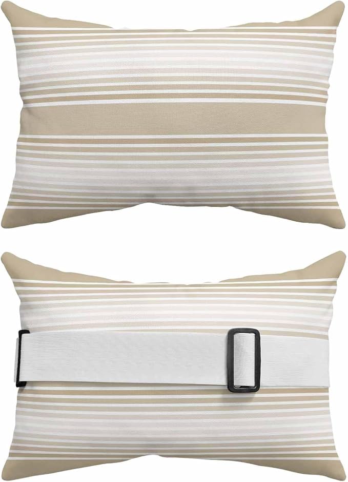 Pack of 4 Outdoor Lumbar Pillow Covers 11x16 Inch, Beige Striped Waterproof Throw Pillow Covers Set, Beige Ombre Farmhouse Stripes Indoor&Outdoor Decorative Cushion Cases for Patio Porch Car