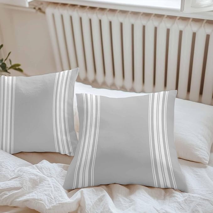 Outdoor Pillow Covers 20x20 Set of 2 Grey Stripes Outdoor Pillows Waterproof Throw Pillow Covers French Stripe Farmhouse Style Pillowcases Decorative Case for Patio Cushion