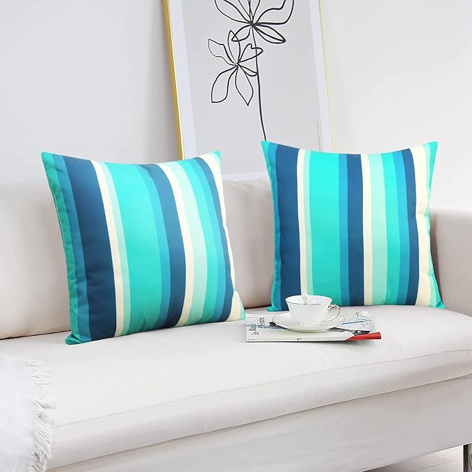 Pyonic Outdoor Waterproof Throw Pillow Covers 18x18 Dark Blue Pillow Covers Decorative Lines Striped Cushion Cases Set of 2 for Patio Furniture Tent Garden,Color Stripe