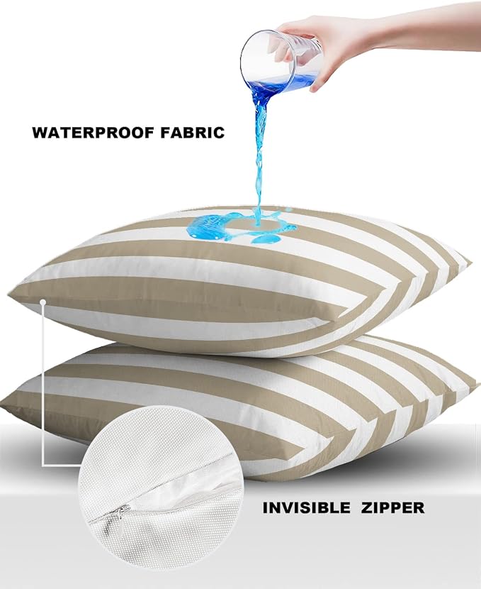 Outdoor Pillows 16x16 Waterproof Outdoor Pillow Covers Khaki White Stripes Polyester Throw Pillow Covers Garden Cushion Decorative Case for Patio Couch Decoration Set of 2 Geometric