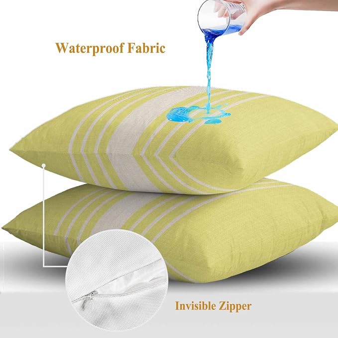 Throw Pillow Covers 20x20 Inch Set of 2, Yellow Beige Striped Waterproof Outdoor Cushion Covers, Modern Farmhouse Retro Lines Decorative Pillowcases for Couch, Sofa, Bed, Garden, Patio