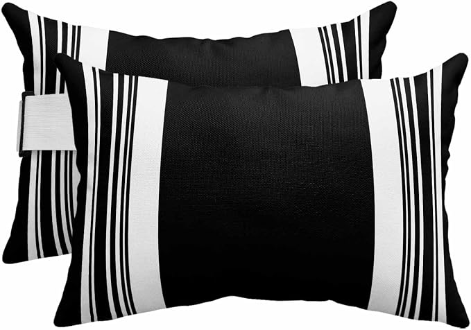 Outdoor Lumbar Pillow Set of 2, Farmhouse Black Waterproof Beach Headrest Pillow with Inserts, Aesthetic Modern Line Striped Recliner Throw Pillows for Patio Furniture, 12 x 20