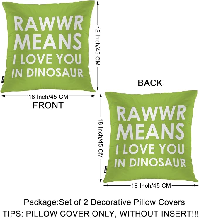 Swono Dinosaur Phrase Decorative Throw Pillows Covers, Rawwr Means I Love You in Dinosaur Square Pillow Cushion Covers for Man Woman, Pillowcases Decor for Home Sofa Bed Garden 2 Packs, 18x18 Inch