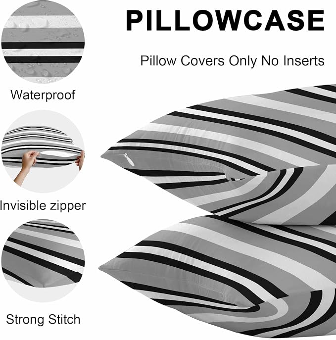 Black Gray Striped Outdoor Pillow Covers 24x24 Inch Throw Pillow Covers Set of 2 Waterproof Decorative Pillow Cases Contemporary Minimalist Lines Art Cushion Covers for Patio Furniture Garden Couch