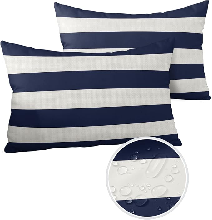 Outdoor Pillows Navy Blue White Stripes Waterproof Outdoor Pillow Covers Geometric Simple Summer Polyester Throw Pillow Covers Garden Cushion Decorative Case for Patio Couch Decoration Set of 2
