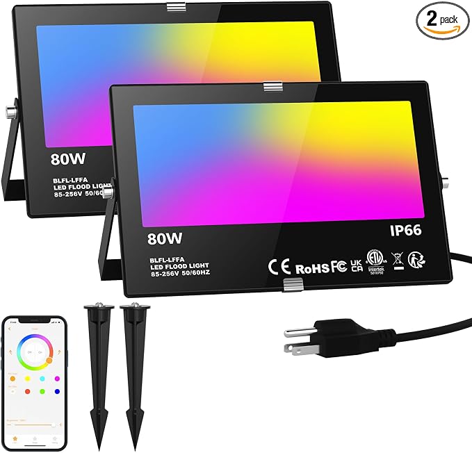 LED Flood Light Outdoor 800W Equivalent 8000LM, Smart RGB Color Changing Landscape Lighting with APP Control, IP66 Waterproof Outdoor LED Lights Daylight 5700K, DIY Scenes, Timing Floodlights, 2 Pack