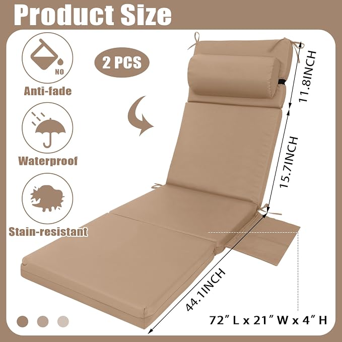 RattanView 2 Pcs Outdoor Chaise Lounge Cushion with Pillow and Side Pockets Waterproof Lounge Chair Cushions for Outdoor Furniture Patio Lounger Pad for Outside Pool Lawn (Brown,72 x 21 x 4)